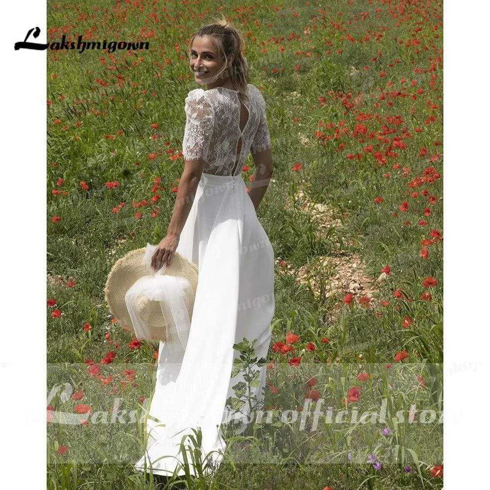 Roycebridal Lace Puff Short Sleeve Romantic Bridal Wedding Dresses