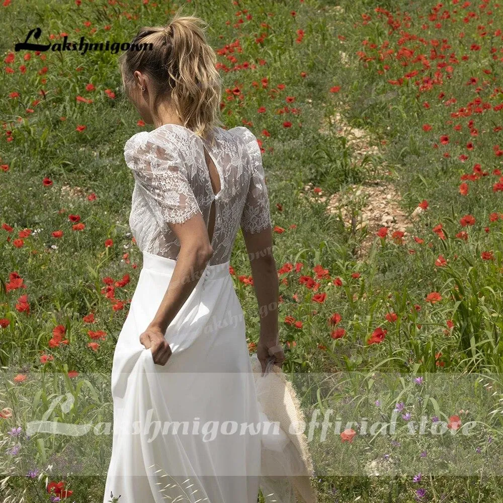 Roycebridal Lace Puff Short Sleeve Romantic Bridal Wedding Dresses