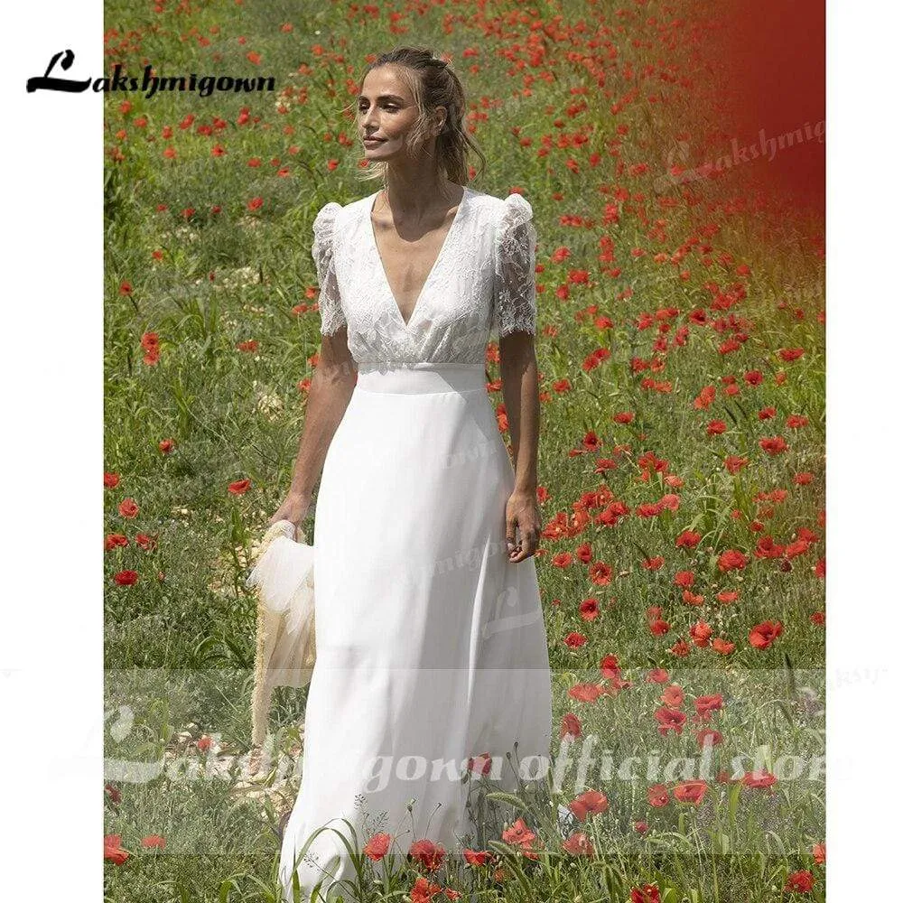 Roycebridal Lace Puff Short Sleeve Romantic Bridal Wedding Dresses