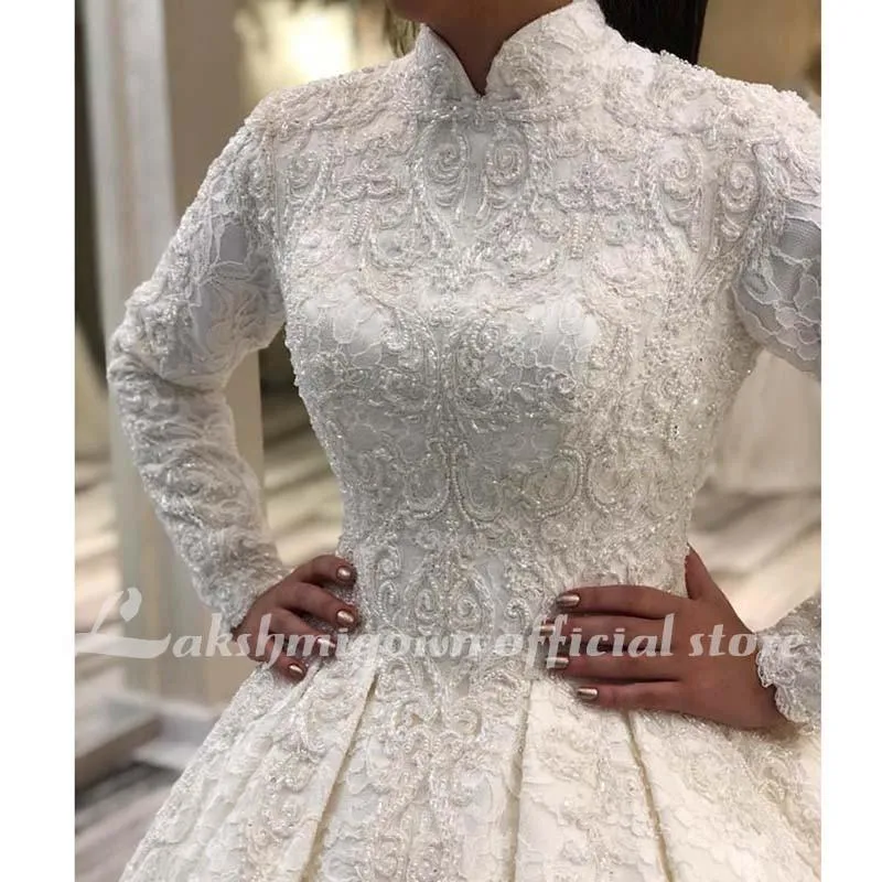 Roycebridal Long Sleeve Arabic Wedding Dresses Beaded Pearls Lace Bridal Gowns
