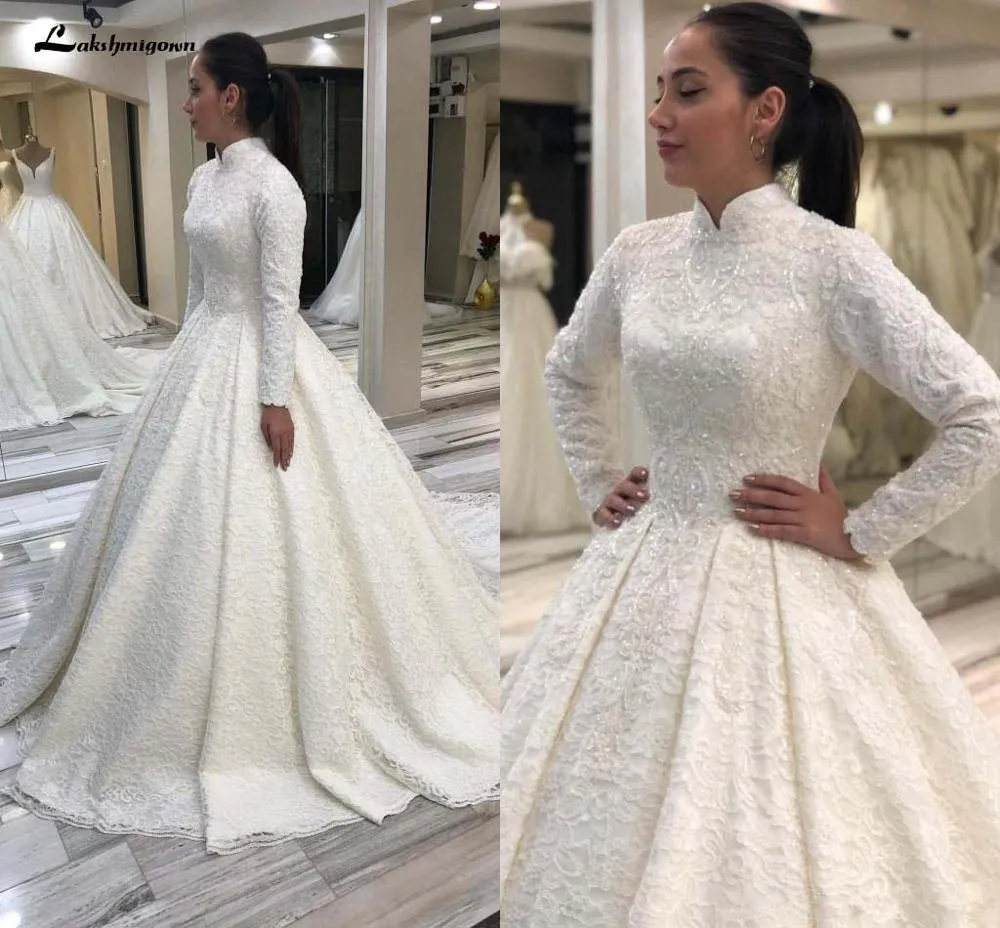Roycebridal Long Sleeve Arabic Wedding Dresses Beaded Pearls Lace Bridal Gowns