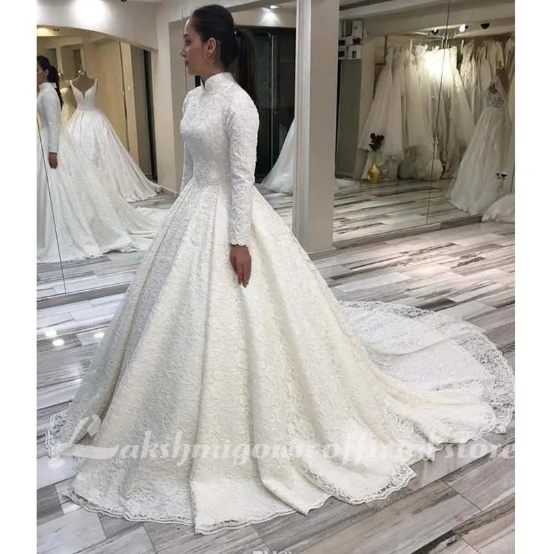 Roycebridal Long Sleeve Arabic Wedding Dresses Beaded Pearls Lace Bridal Gowns