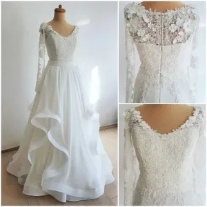 Roycebridal Long Sleeve Wedding Dresses A-line Floor-length Ruffles Chiffon Lace Bridal Gown,MW434
