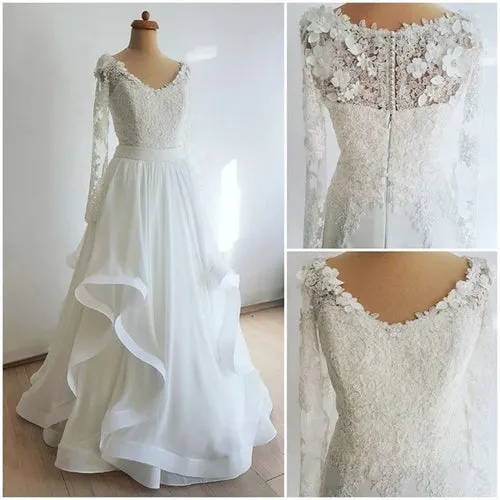 Roycebridal Long Sleeve Wedding Dresses A-line Floor-length Ruffles Chiffon Lace Bridal Gown,MW434