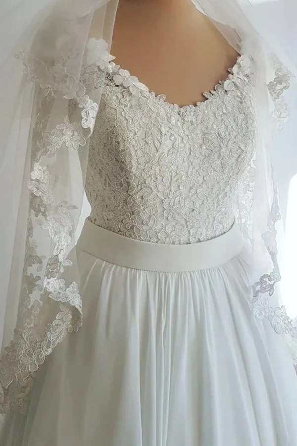 Roycebridal Long Sleeve Wedding Dresses A-line Floor-length Ruffles Chiffon Lace Bridal Gown,MW434