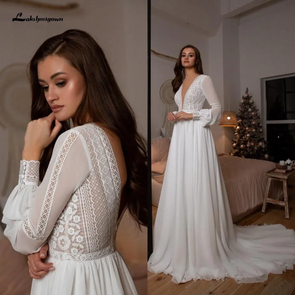 Roycebridal Long Sleeve Wedding Dresses A Line Simple Beach Chiffon