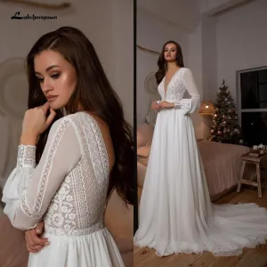 Roycebridal Long Sleeve Wedding Dresses A Line Simple Beach Chiffon