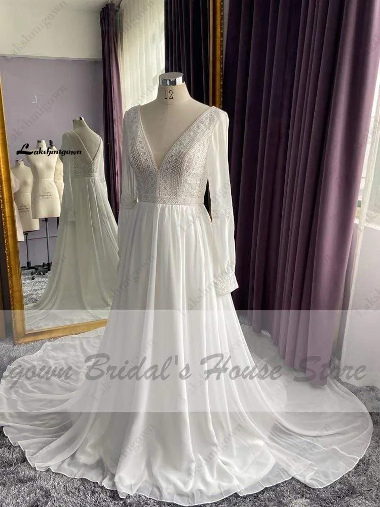 Roycebridal Long Sleeve Wedding Dresses A Line Simple Beach Chiffon