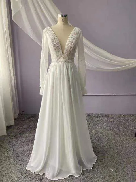 Roycebridal Long Sleeve Wedding Dresses A Line Simple Beach Chiffon
