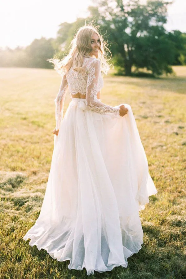 Roycebridal Romantic Ivory Chiffon Two Piece Long Sleeves Wedding Dresses with Lace, MW521