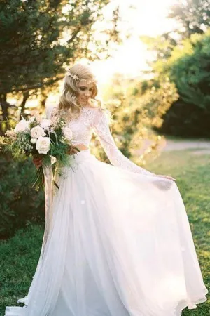 Roycebridal Romantic Ivory Chiffon Two Piece Long Sleeves Wedding Dresses with Lace, MW521