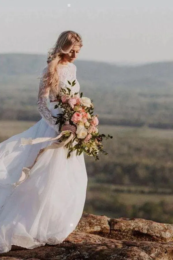 Roycebridal Romantic Ivory Chiffon Two Piece Long Sleeves Wedding Dresses with Lace, MW521