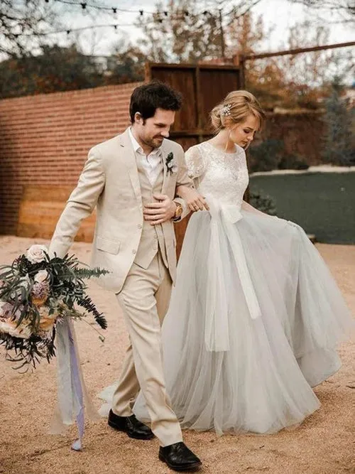 Roycebridal Short Sleeve Lace and Tulle Silver Country Wedding Dresses with Sash, MW308