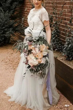 Roycebridal Short Sleeve Lace and Tulle Silver Country Wedding Dresses with Sash, MW308