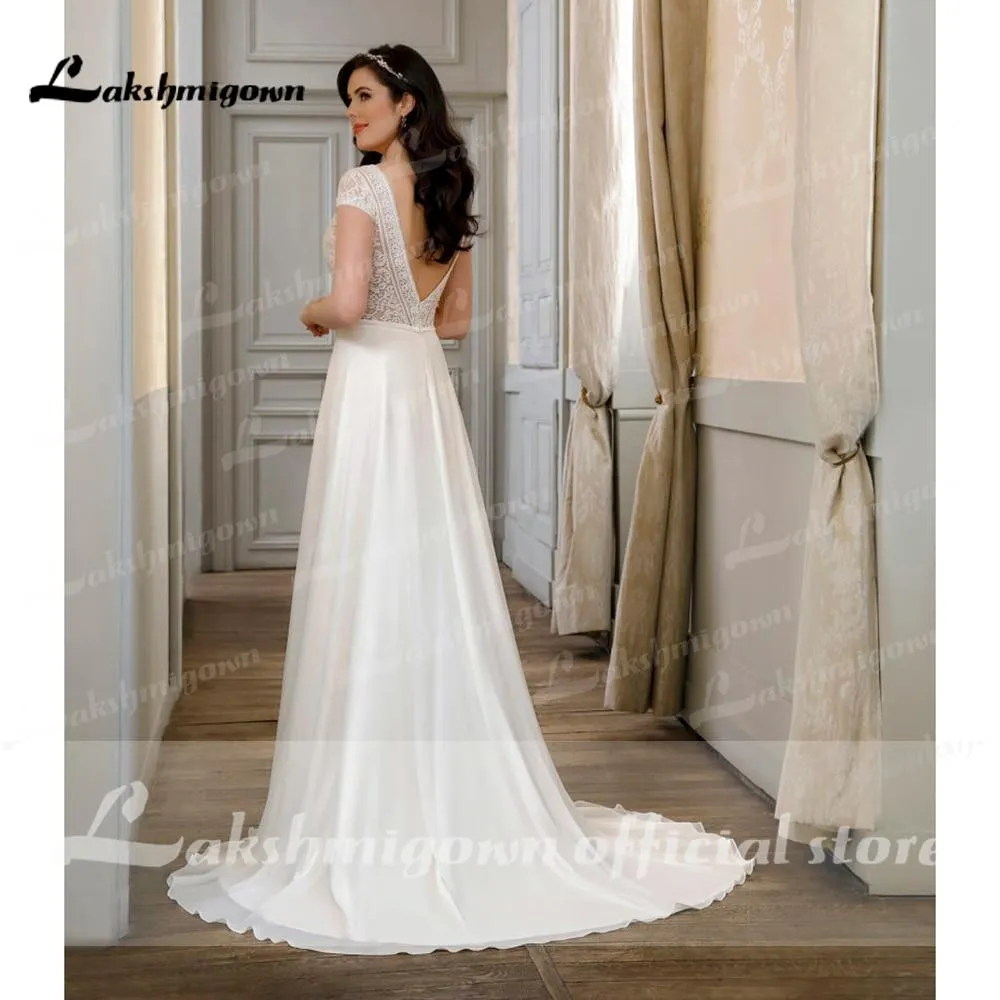 Roycebridal Short Sleeve Lace Backless V Neck Wedding Dresses