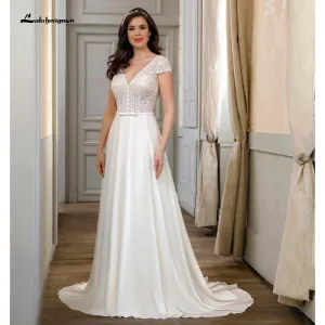 Roycebridal Short Sleeve Lace Backless V Neck Wedding Dresses