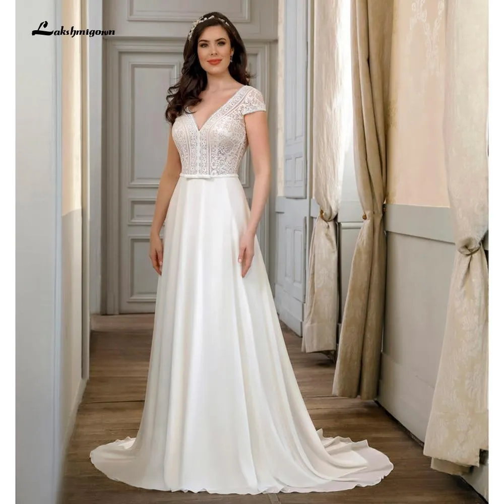 Roycebridal Short Sleeve Lace Backless V Neck Wedding Dresses