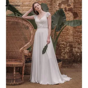 Roycebridal Short Sleeve V Neck Lace Top Chifffon Backless Wedding Dresses