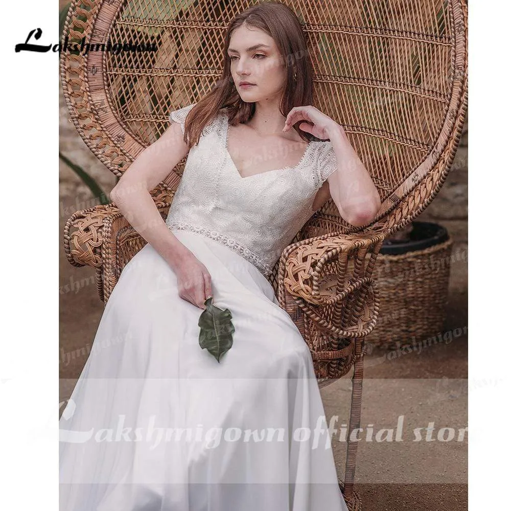 Roycebridal Short Sleeve V Neck Lace Top Chifffon Backless Wedding Dresses