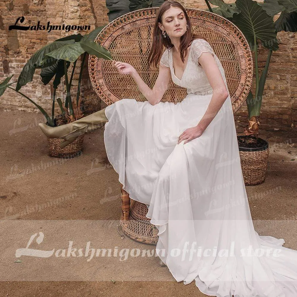Roycebridal Short Sleeve V Neck Lace Top Chifffon Backless Wedding Dresses