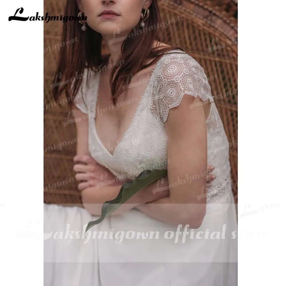 Roycebridal Short Sleeve V Neck Lace Top Chifffon Backless Wedding Dresses