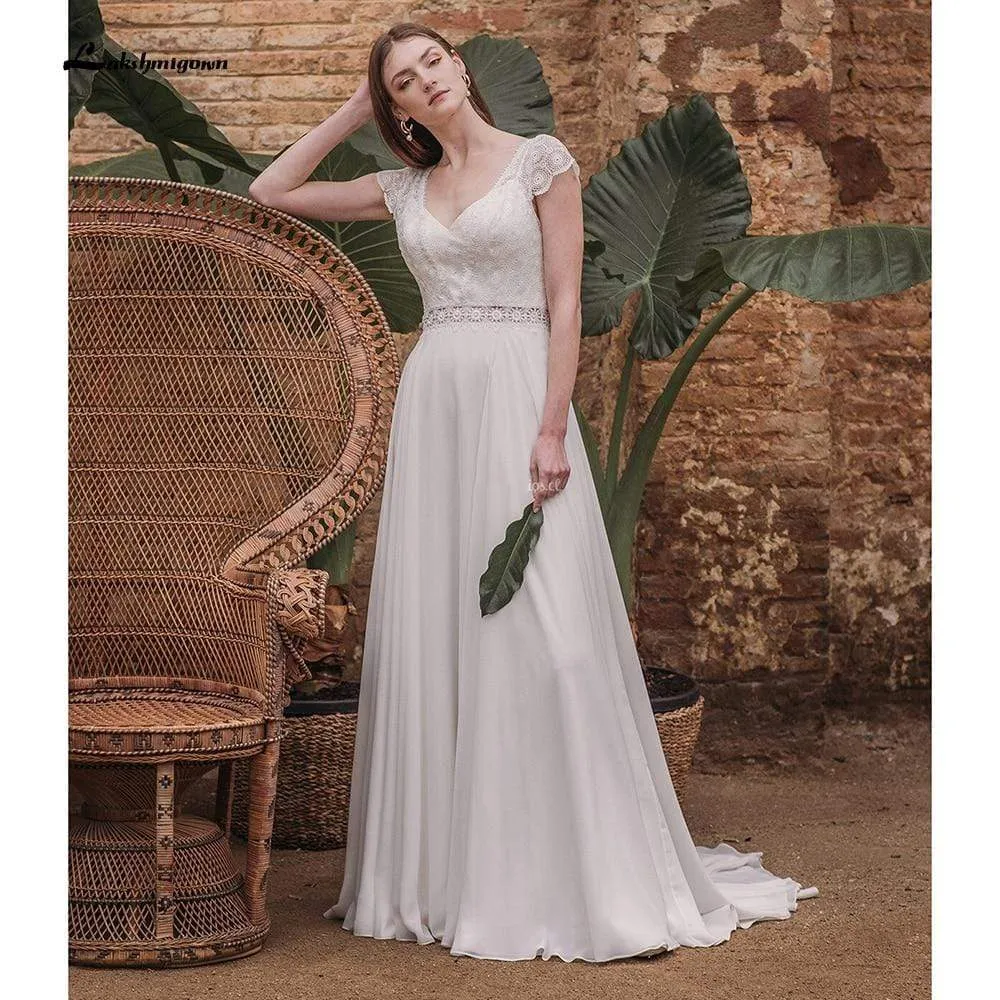 Roycebridal Short Sleeve V Neck Lace Top Chifffon Backless Wedding Dresses