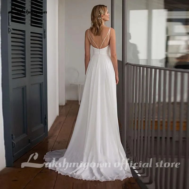 Roycebridal Simple Chiffon Wedding Dress Spaghetti Straps V Neck