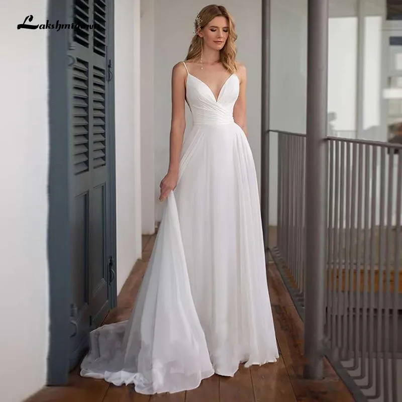 Roycebridal Simple Chiffon Wedding Dress Spaghetti Straps V Neck