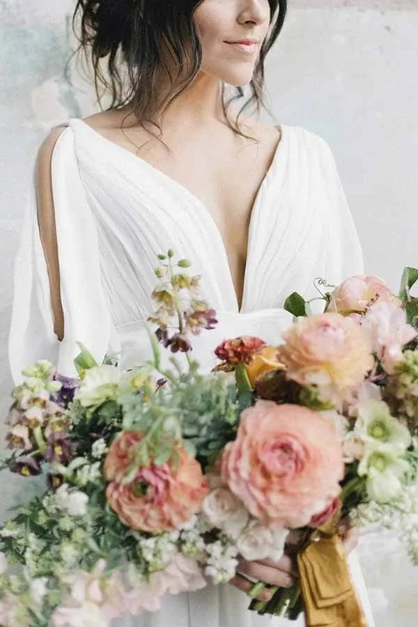 Roycebridal Simple Ivory Chiffon A-line V-neck Half Sleeves Long Wedding Dresses, MW694