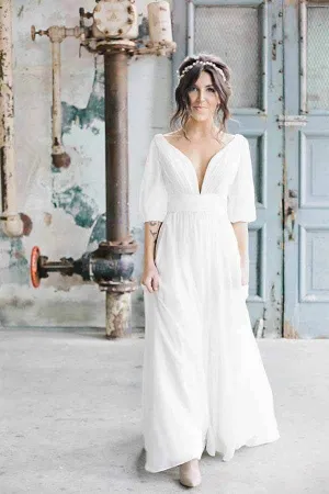 Roycebridal Simple Ivory Chiffon A-line V-neck Half Sleeves Long Wedding Dresses, MW694