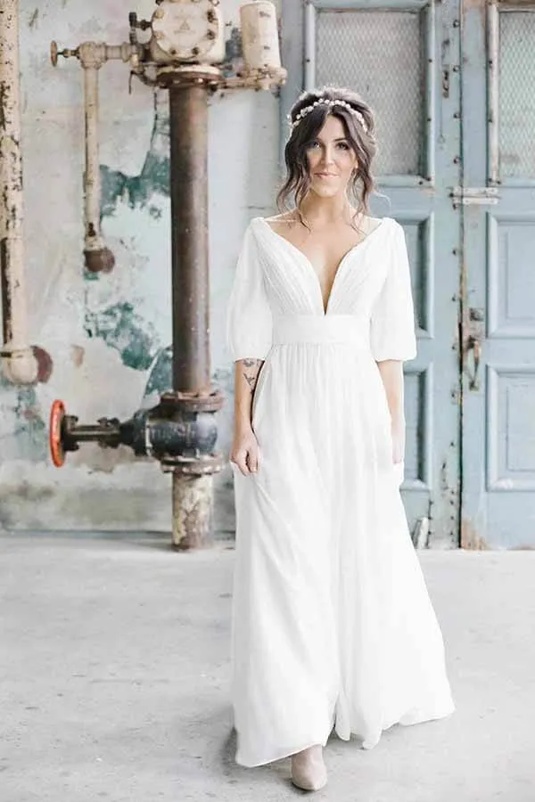 Roycebridal Simple Ivory Chiffon A-line V-neck Half Sleeves Long Wedding Dresses, MW694
