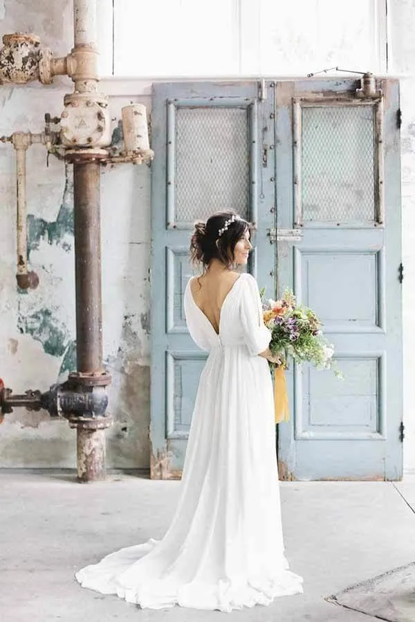 Roycebridal Simple Ivory Chiffon A-line V-neck Half Sleeves Long Wedding Dresses, MW694