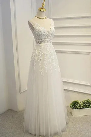 Roycebridal Simple Lace A-line V-neck Floor Length Wedding Dresses, Bridal Gown, MW583