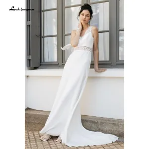 Roycebridal Simple Lace Satin Beach Backless Bow Wedding Dresses