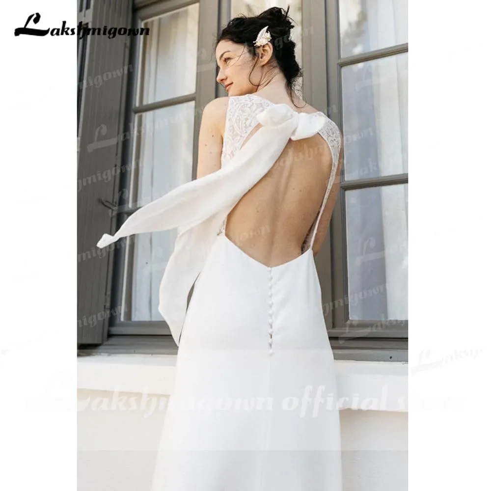Roycebridal Simple Lace Satin Beach Backless Bow Wedding Dresses
