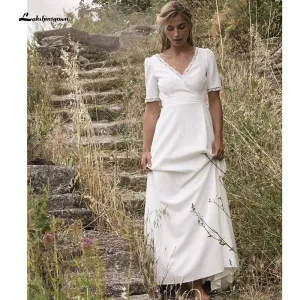 Roycebridal Simple Short Sleeve V Neck Beach Sweep Train Wedding Dresses