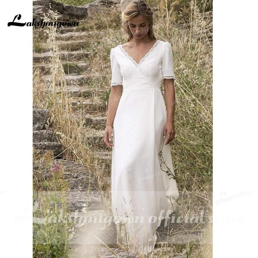 Roycebridal Simple Short Sleeve V Neck Beach Sweep Train Wedding Dresses