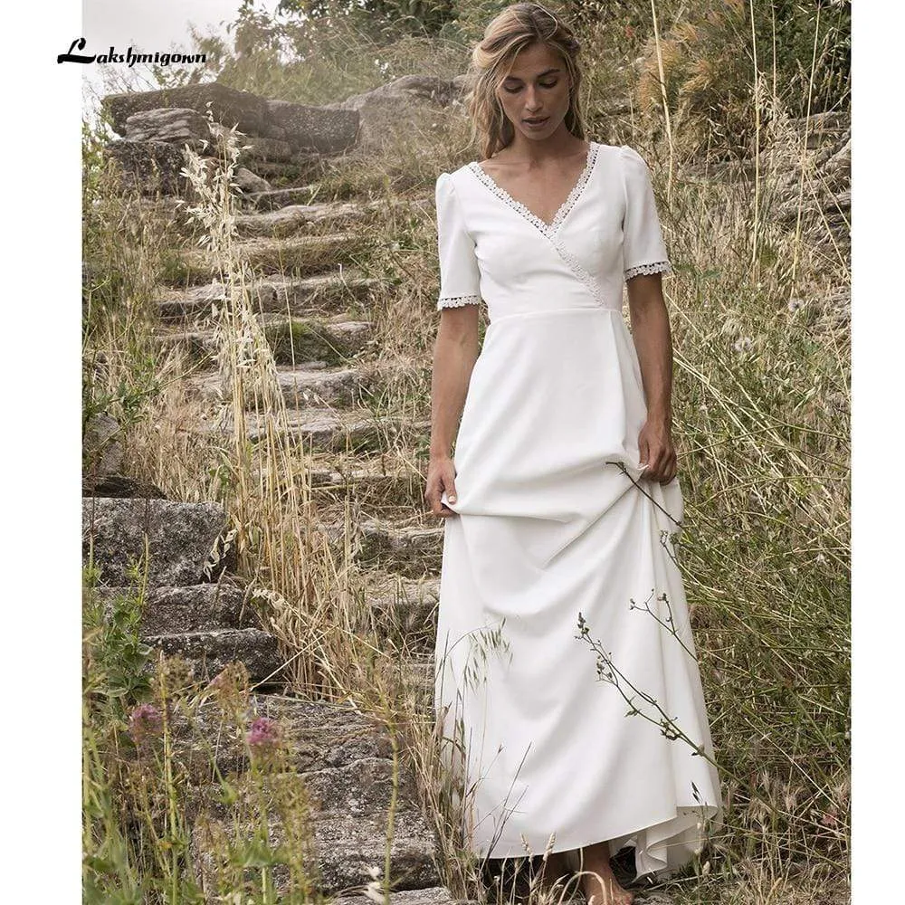 Roycebridal Simple Short Sleeve V Neck Beach Sweep Train Wedding Dresses