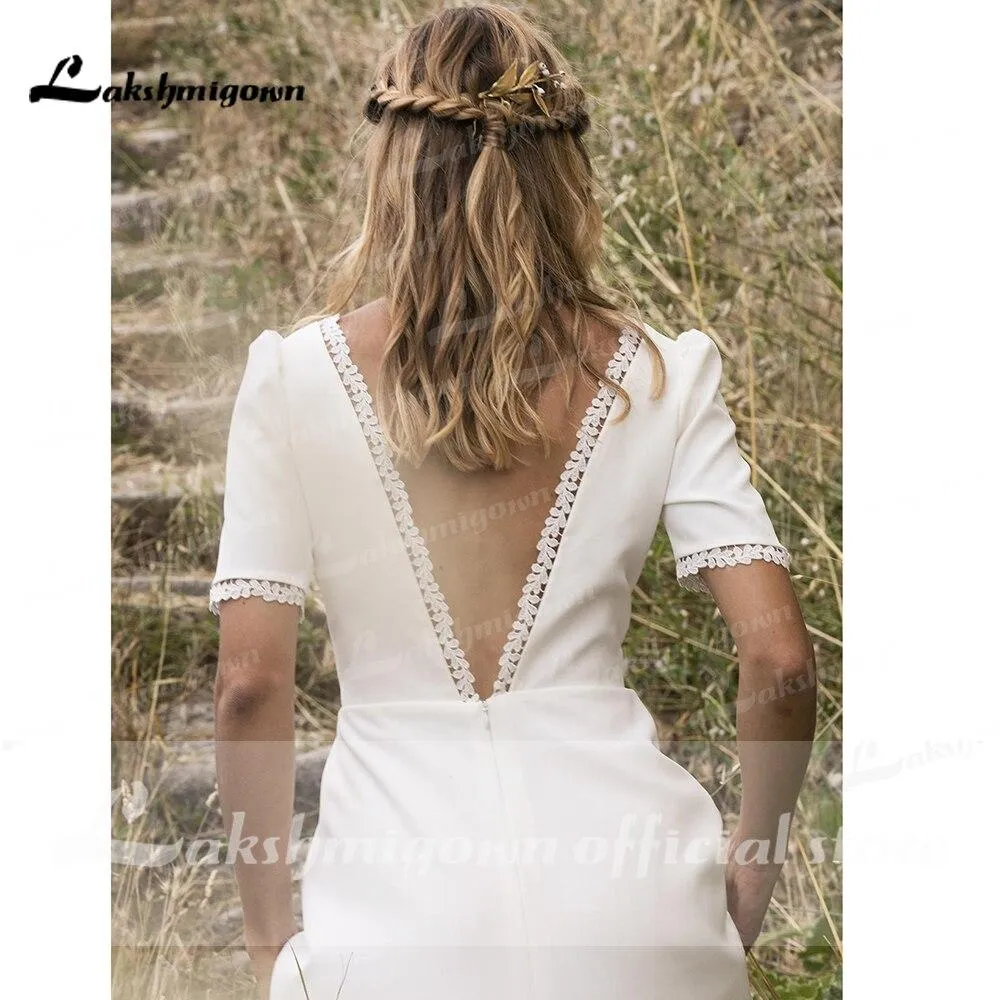 Roycebridal Simple Short Sleeve V Neck Beach Sweep Train Wedding Dresses