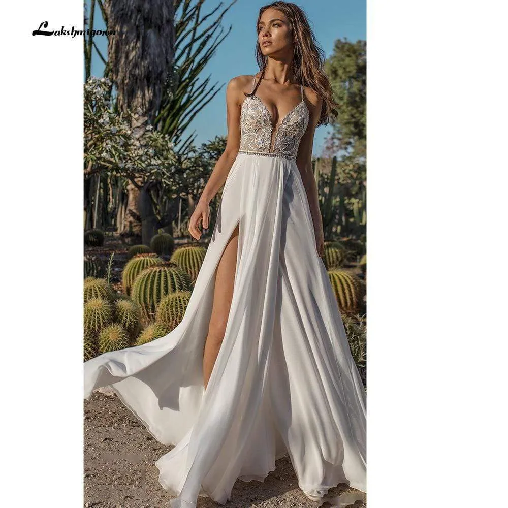 Roycebridal Spaghetti Straps Off The Shoulder Lace Backless V Neck Wedding Dress