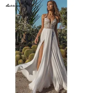 Roycebridal Spaghetti Straps Off The Shoulder Lace Backless V Neck Wedding Dress