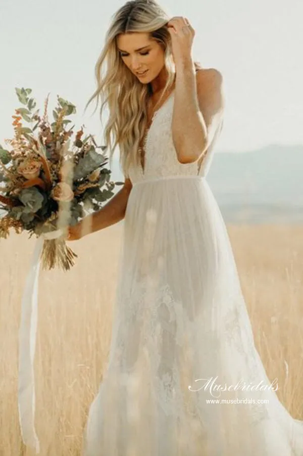 Roycebridal Stunning Tulle A-line V-neck Beach Wedding Dresses With Lace Appliques, MW992