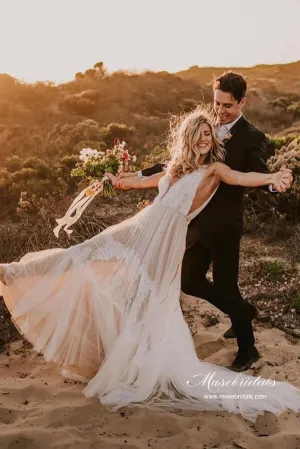 Roycebridal Stunning Tulle A-line V-neck Beach Wedding Dresses With Lace Appliques, MW992