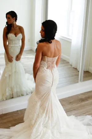 Roycebridal Sweetheart Mermaid Tiered Lace Wedding Dress Ruched with Sweep Train,MW337