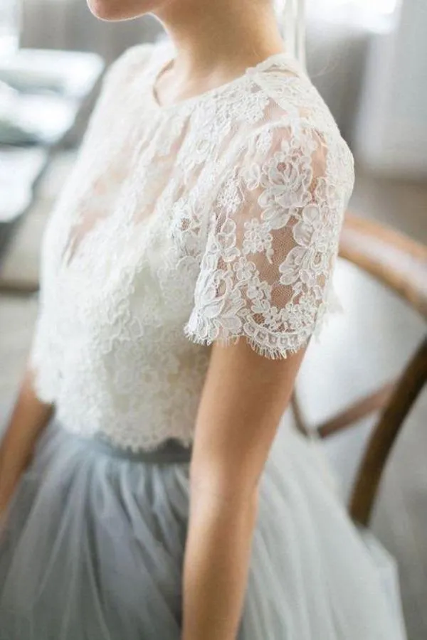 Roycebridal Tulle A-line Two Piece Short Sleeves Wedding Dress With Sweep Train, MW540