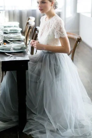 Roycebridal Tulle A-line Two Piece Short Sleeves Wedding Dress With Sweep Train, MW540