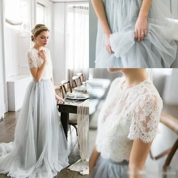 Roycebridal Tulle A-line Two Piece Short Sleeves Wedding Dress With Sweep Train, MW540