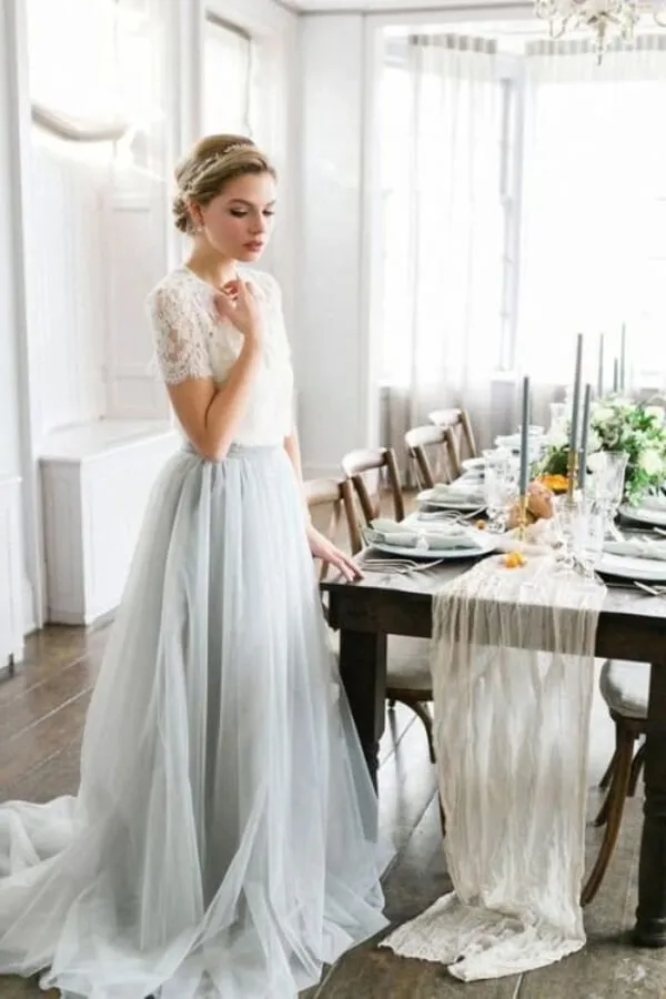 Roycebridal Tulle A-line Two Piece Short Sleeves Wedding Dress With Sweep Train, MW540