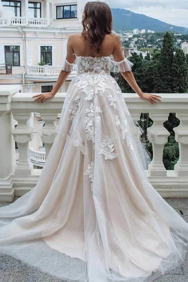 Roycebridal Vintage Lace A-line Sweetheart Off-the-Shoulder Beach Wedding Dresses, MW735