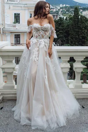Roycebridal Vintage Lace A-line Sweetheart Off-the-Shoulder Beach Wedding Dresses, MW735